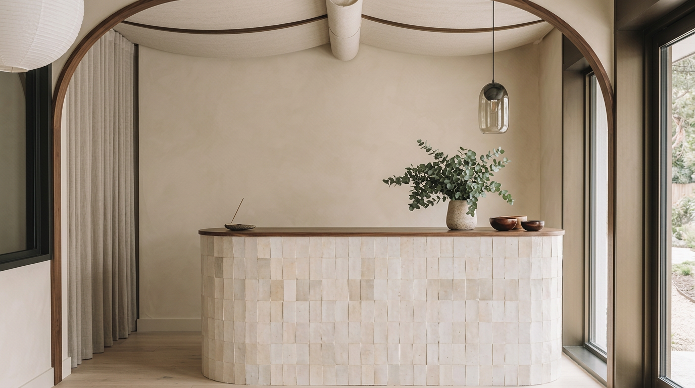 handmade zellige tile reception counter in a warm plaster wellness studio